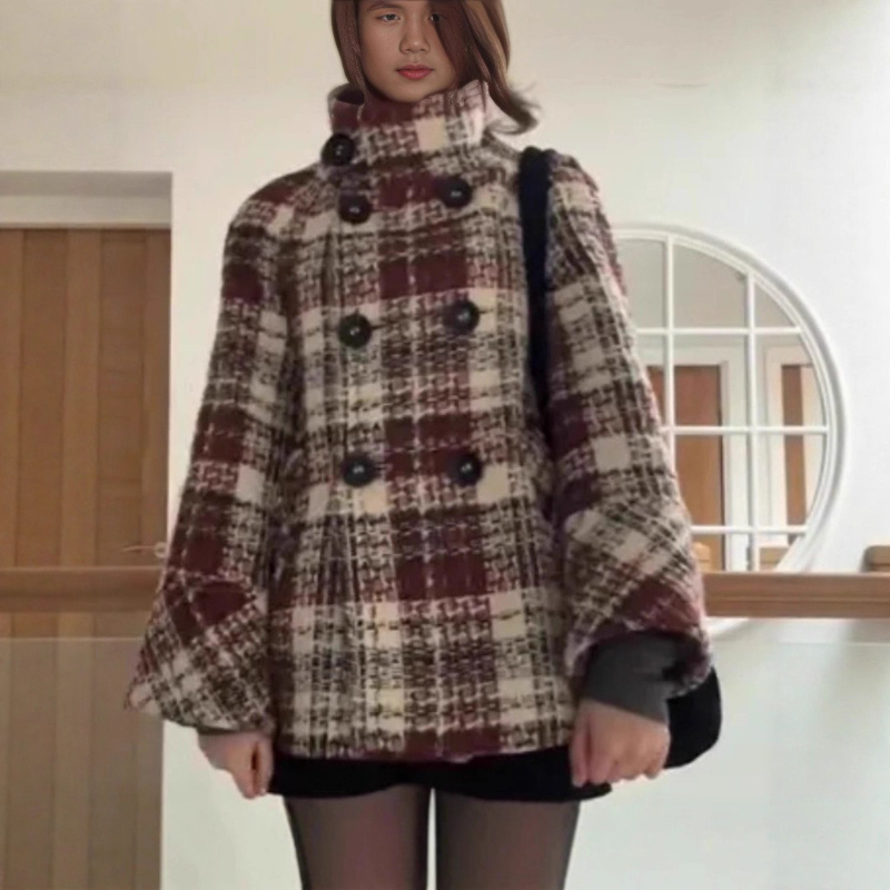 Wool Coat Peacoat - Manteau chic à carreaux chauds à